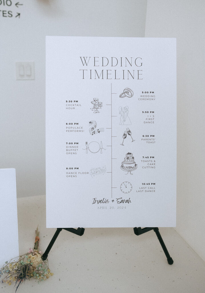 Traditional wedding timeline displayed on elegant signage