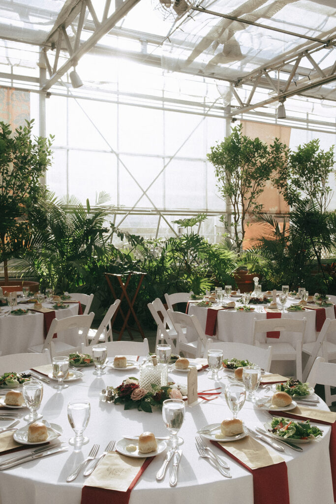 Wedding reception set up in the Mediterranean Room at Roger Williams Park Botanical Center.